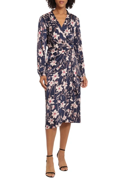 Maggy London Floral Print Long Sleeve Midi Dress In Navy/ Cream