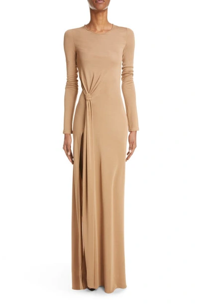 Saint Laurent Twist Front Long Sleeve Jersey Gown In Naturel