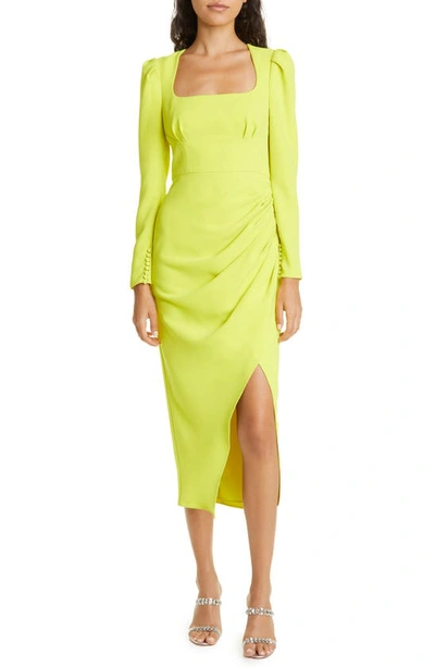 Self-portrait Ruched Long Sleeve Crepe Maxi Dress In Green