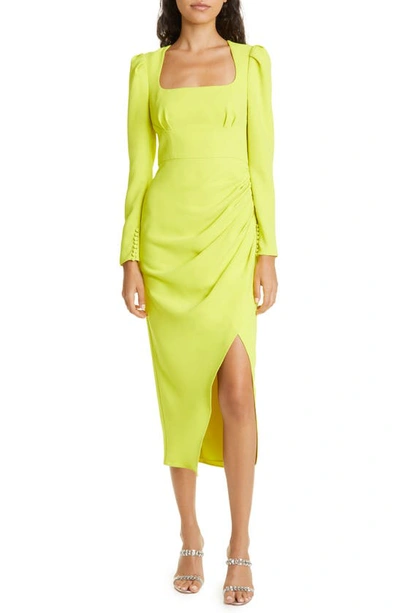 Self-portrait Ruched Long Sleeve Crepe Maxi Dress In Lime Green | ModeSens