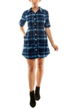 Nina Leonard Collared Tab Plaid Shirtdress In Navy/ Blue Moon