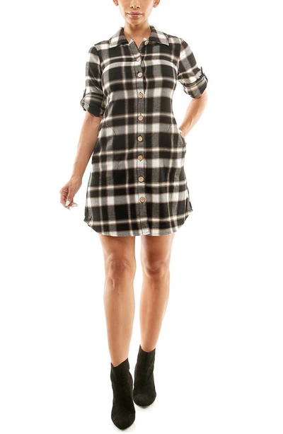 Nina Leonard Collared Tab Plaid Shirtdress In Black/ White