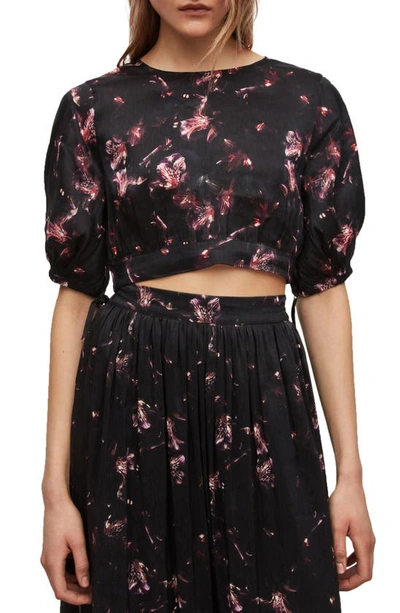 Allsaints Floral Linen & Silk Crop Top In Black