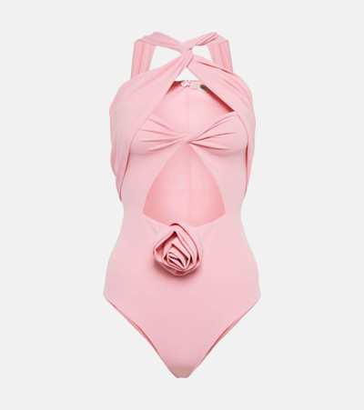Magda Butrym Cutout Jersey Bodysuit W/ Flower In Pink