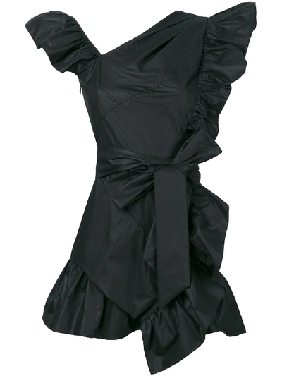 Isabel Marant Malvern Asymmetric-neck Side-ruffle Cotton Mini Dress In Black