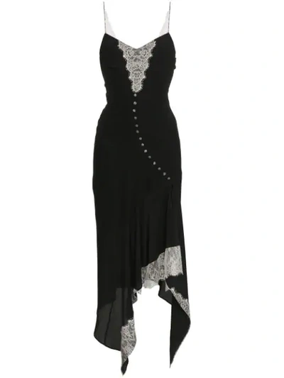 Olivier Theyskens Sleeveless Silk Dress W/ Handkerchief Hem & Lace Details In Black