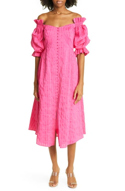 Cult Gaia Simona Off-the-shoulder Checkered Midi Dress In Dragonfruit