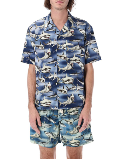 Palm Angels Sharks Bowling Shirt In 4510 Blue Black