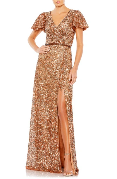 Mac Duggal Sequin Butterfly Sleeve A-line Gown In Copper