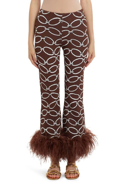 Valentino Feather-trim Chain-print Trousers In Brown