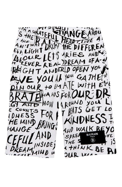 Balmain Kids' Cotton Graphic-print Knee Shorts In 100ne Wht/ Blk