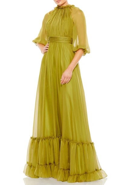 Mac Duggal Chiffon Ruched Illusion Raglan Sleeve Ruffled Gown In Olive