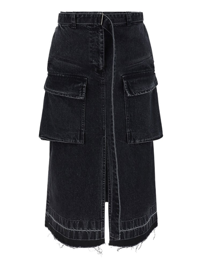 Sacai Black Cargo Denim Midi Skirt