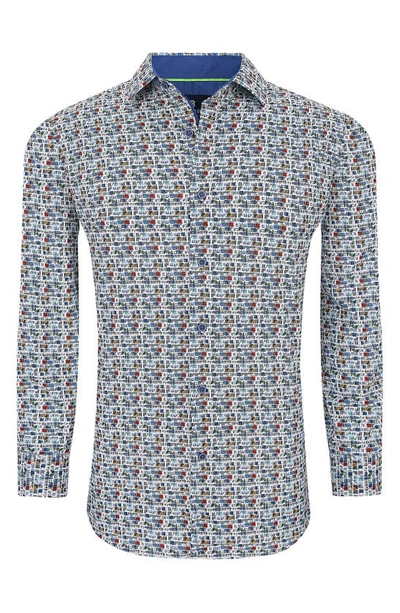 Tom Baine Abstract Print Long Sleeve Slim Fit 4-way Stretch Shirt In White
