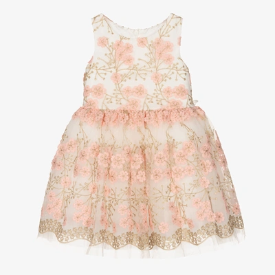 David Charles Babies' Girls Pink & Gold Floral Tulle Dress In Ivory