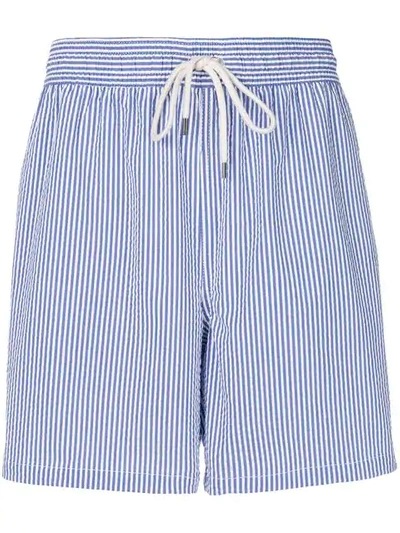Polo Ralph Lauren Striped Cotton-blend Seersucker Swim Shorts In Light Blue