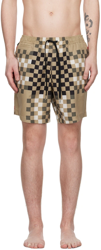 Burberry Check Print Drawcord Swim Shorts In Archive Beige