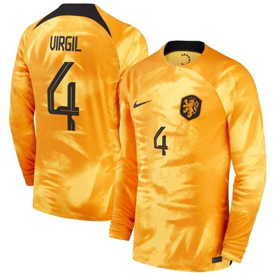 Nike Netherlands National Team 2022/23 Stadium Home (virgil Van Dijk)  Men's Dri-fit Long-sleeve Soccer J In Orange