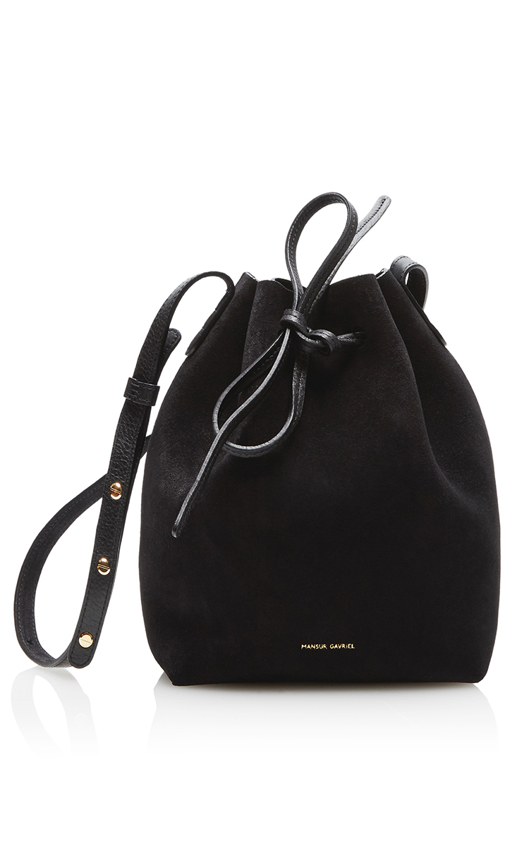 black suede bucket bag