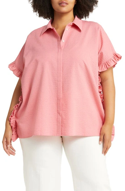 Harshman Darcy Seersucker Ruffle-trim Shirt In Rose Pink Seerscuker
