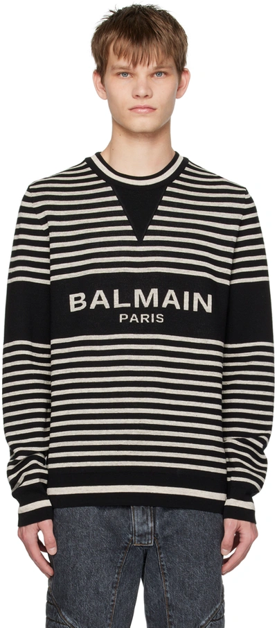 Balmain Black & Beige Striped Sweater In Noir Ivoire