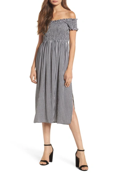 Bardot Gingham Off The Shoulder Midi Dress In Black Gingham