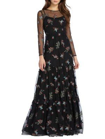 ml Monique Lhuillier Embroidered Mesh Gown In Black Combo