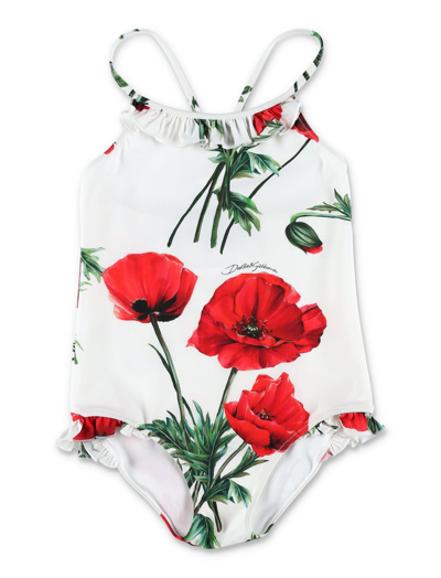 Dolce & Gabbana Kids' Floral-print Swimsuit In Bianco