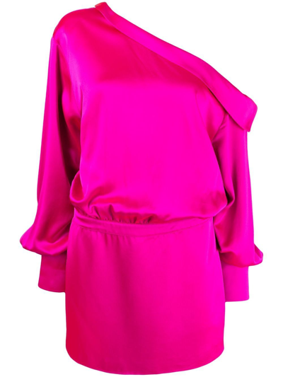 Retroféte Elio One-shoulder Long Sleeve Satin Minidress In Neon Pink