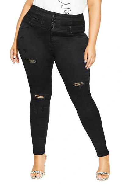 City Chic Asha Ripped Skinny Jeans In Black