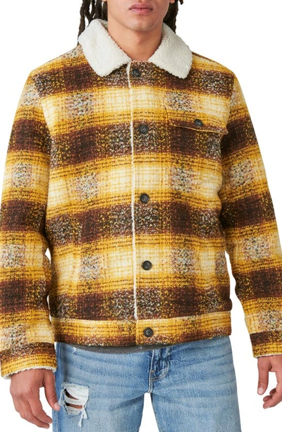 Lucky Brand Plaid Faux Shearling Lined Trucker Jacket In Yellow