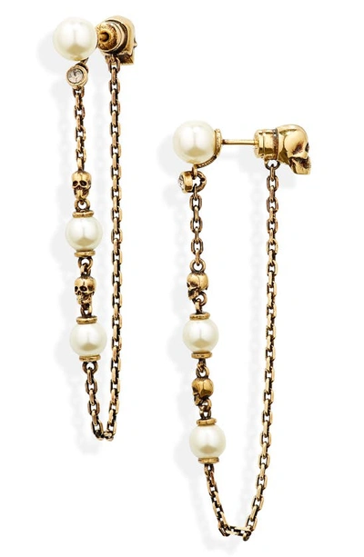 Alexander Mcqueen Women's Pearl N Skull Goldtone & Glass Pearl Line Earrings In Caramel