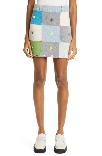 Yanyan Floral Appliqué Checkerboard Lambswool Miniskirt In Blue/ Green