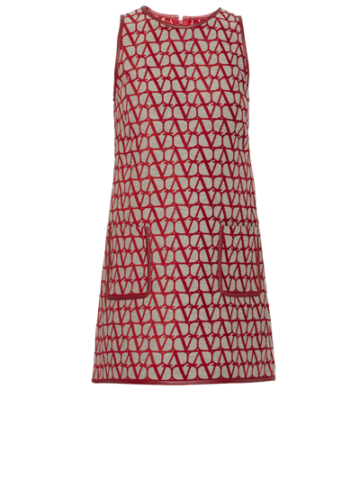 Valentino Toile Iconographe Leather-trimmed Flocked Canvas Mini Dress In Red