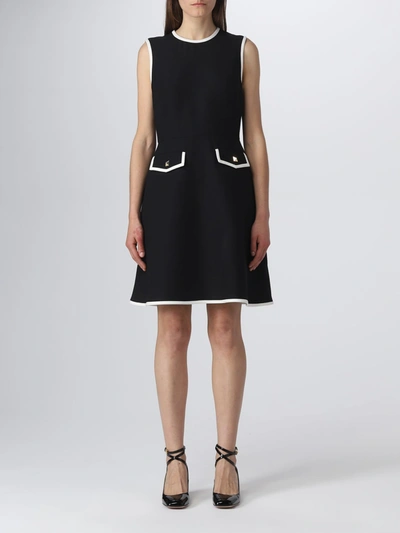 Valentino Embellished Piped Wool And Silk-blend Knitted Dress In Nero/avorio