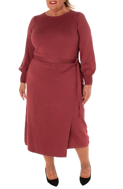 Taylor Dresses Long Sleeve Mock Wrap Skirt Midi Dress In Cognac