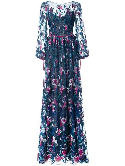 Marchesa Notte Navy Blue Long Sleeve Floral Evening Gown