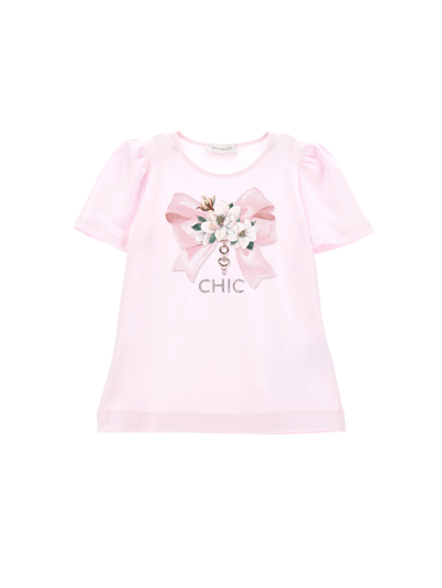 Monnalisa Kids'   Cotton T-shirt With Bow Print In Dusty Pink Rose