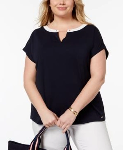 Tommy Hilfiger Plus Size Chain-link-trim Top, Created For Macy's In Sky Captain/ivory