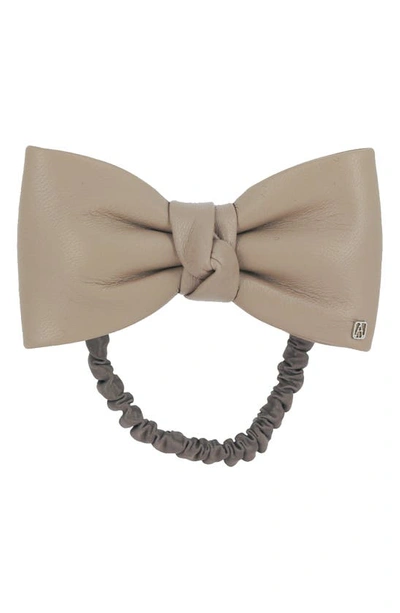 Alexandre De Paris Leather Bow Scrunchie In Beige