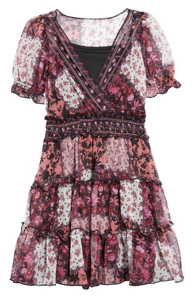Marchesa Kids' Patchwork Print Faux Wrap Dress In Rose Multi