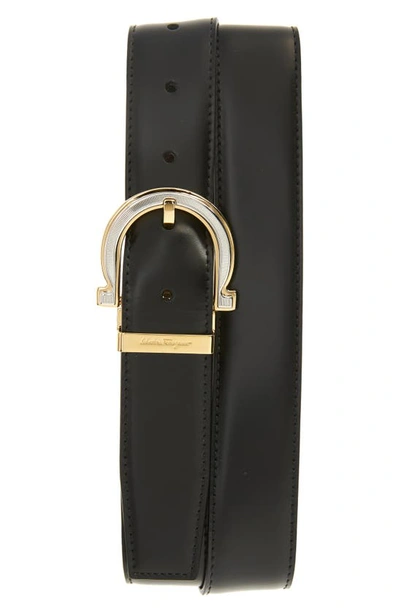 Ferragamo Gancio Reversible Leather Belt In Nero Hickory