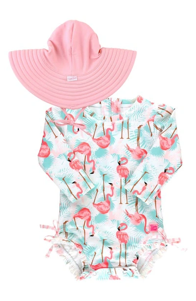 Rufflebutts Babies' Vibrant Flamingo One-piece Rashguard Swimsuit & Hat Set In White