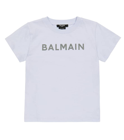 Balmain Kids' Logo棉质针织t恤 In Gnawed Blue