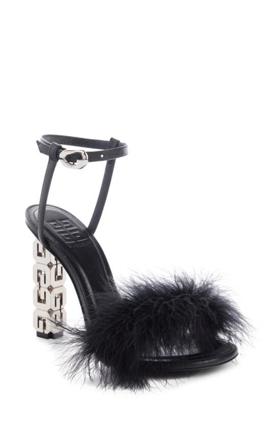 Givenchy G Cube Feather-trimmed Leather Sandals In Black