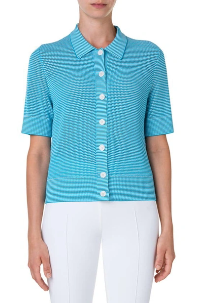 Akris Punto Stripe Crochet Knit Collared Short-sleeve Cardigan In Turquoise-cream