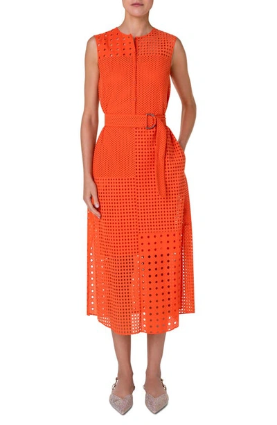 Akris Punto Eyelet Embroidered Patchwork Midi Dress With Belt In Orange Red