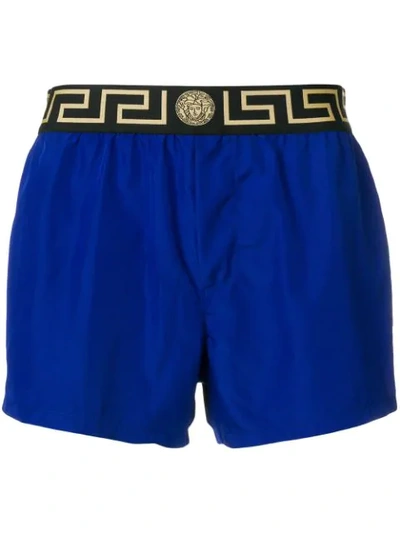 Versace Grecca Waistband Swim Shorts In Blue