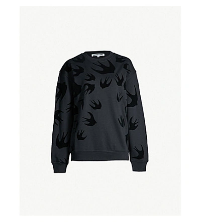 Mcq By Alexander Mcqueen Swallow-flocked Cotton-jersey Sweatshirt In Darkest Black