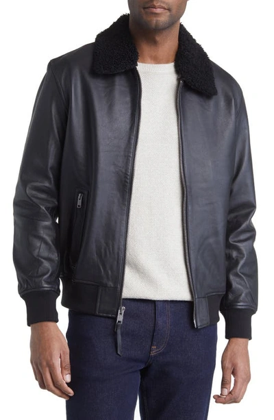 Frye Leather Bomber Jacket With Removable Faux Shearling Collar In Black